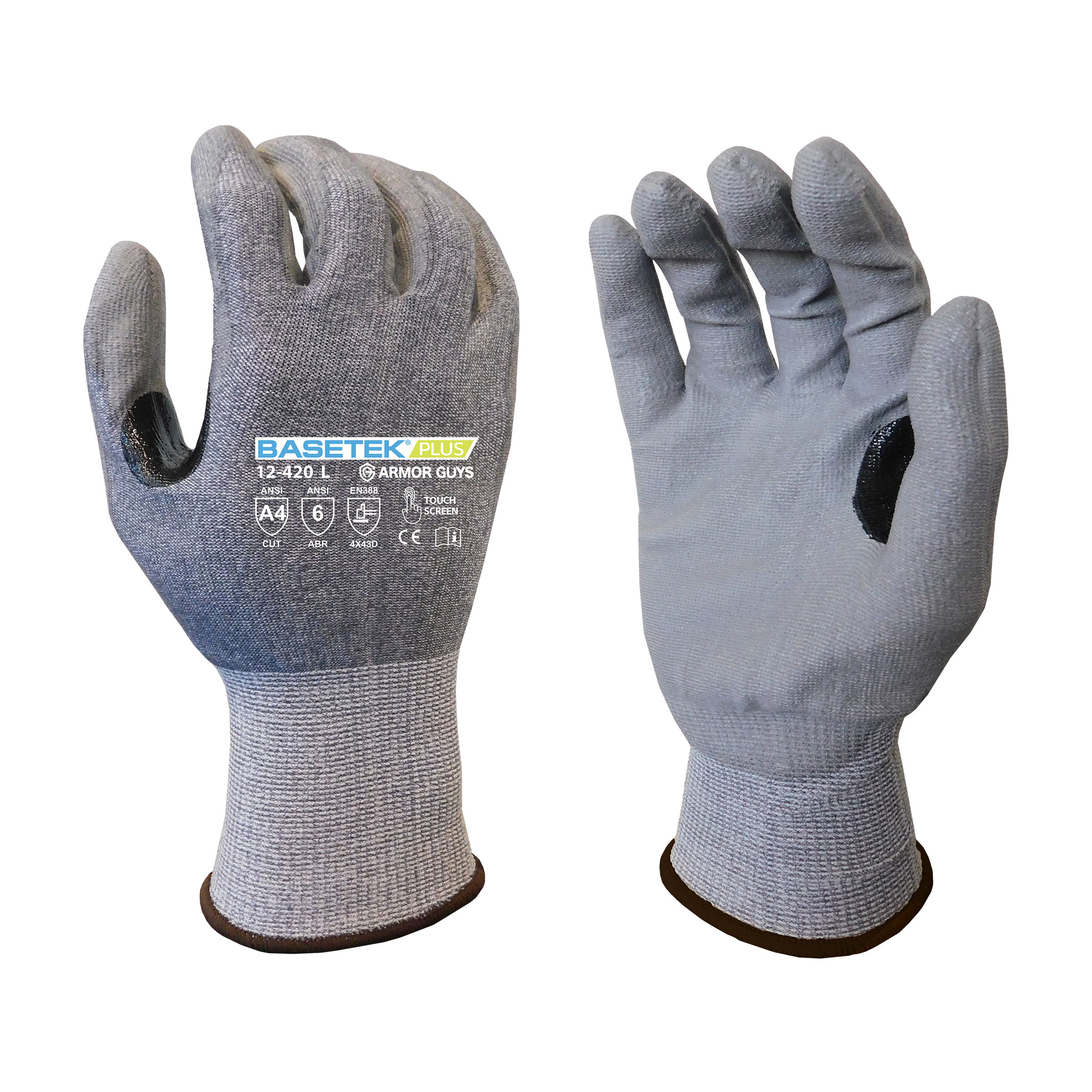 Armor Guys 12-420 Glove, 18 Gauge HDPE BasetekPlus Liner, Soft PU Palm Coating, Thumbcrotch Reinforcement, Touch Screen, ANSI 4