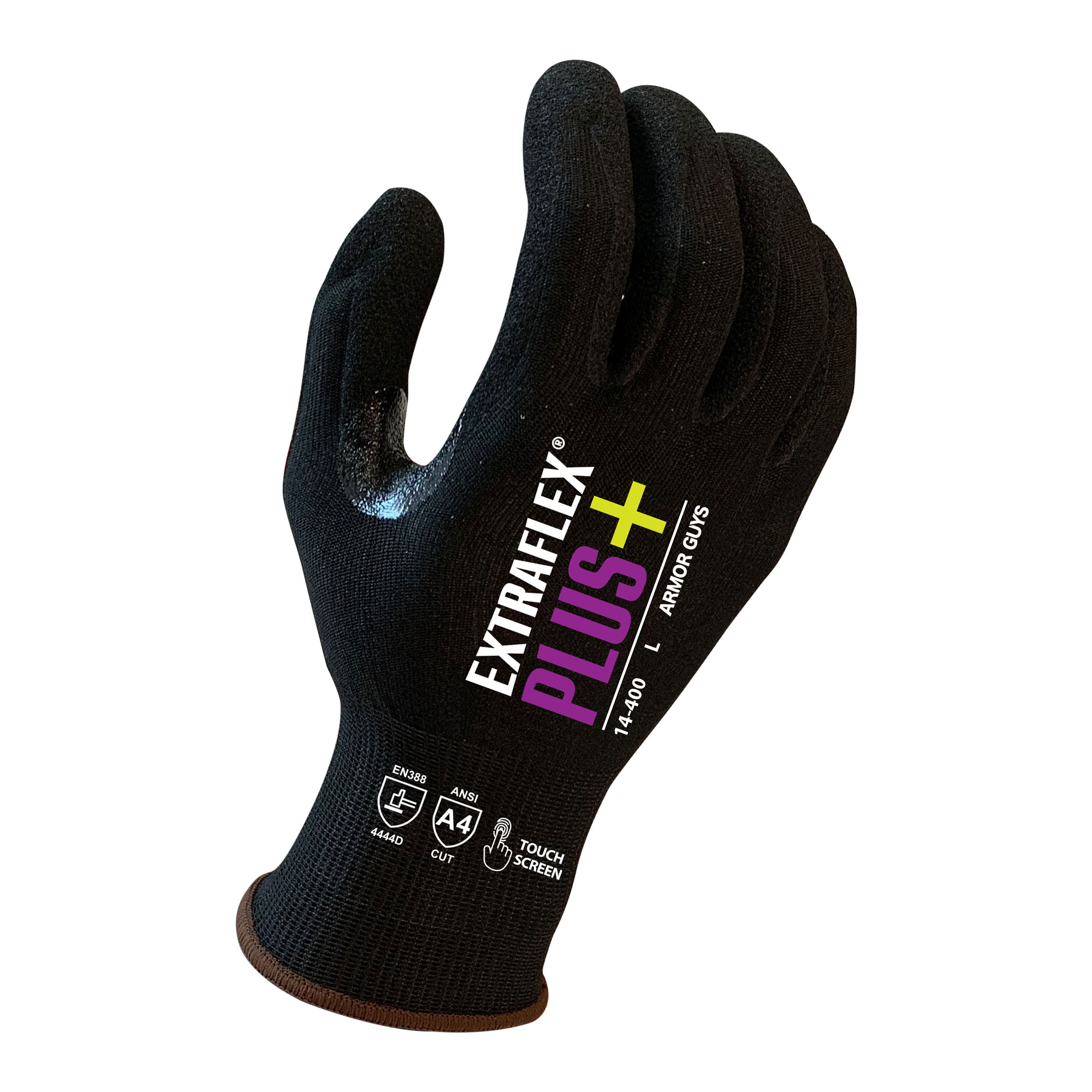Armor Guys 14-400 18 Gauge, ExtraFlex Plus Black Engineered Liner With Black HCT Micro Foam Nitrile Palm Coating, Thumb Croth Reinforcement, Touch Screen, ANSI 4