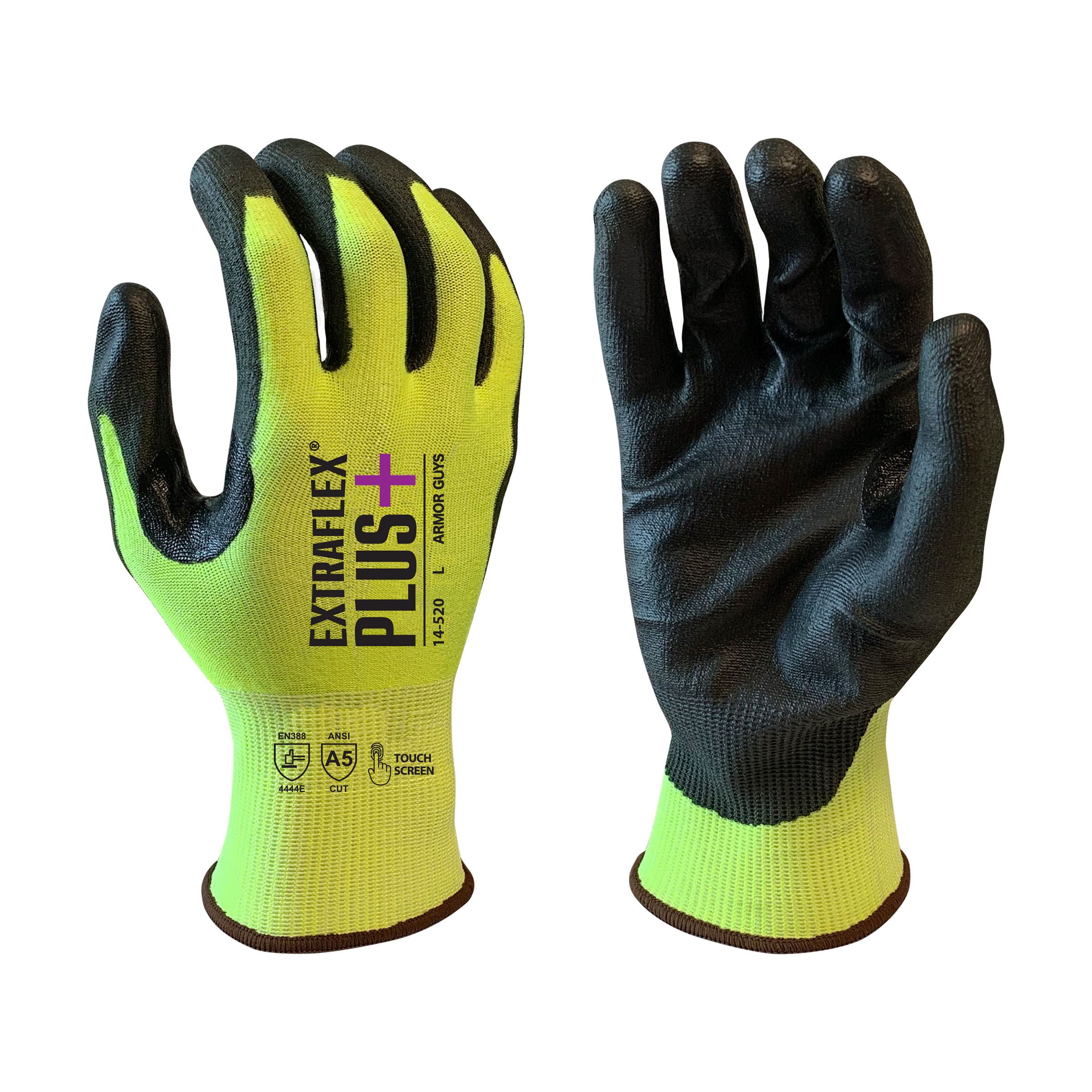 Armor Guys 14-520 15 Gauge, ExtraFlex Plus Hivis Engineered Liner With Black PU Palm Coating, Thumb Croth Reinforcement, Touch Screen, ANSI 5