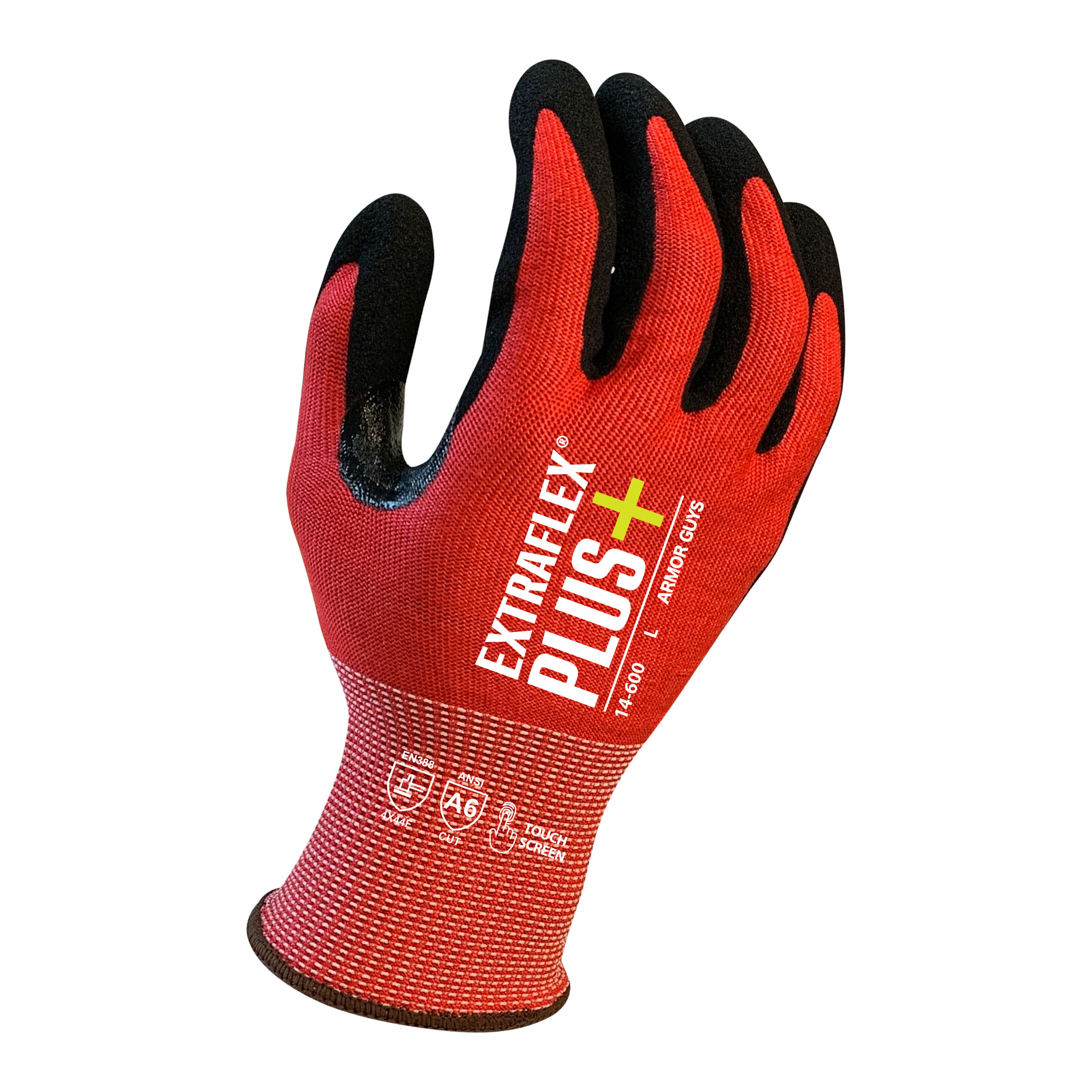 Armor Guys 14-600 15 Gauge, ExtraFlex Plus Red Engineered Liner With Black HCT Micro Foam Nitrile Palm Coating, Thumb Croth Reinforcement, Touch Screen, ANSI 6
