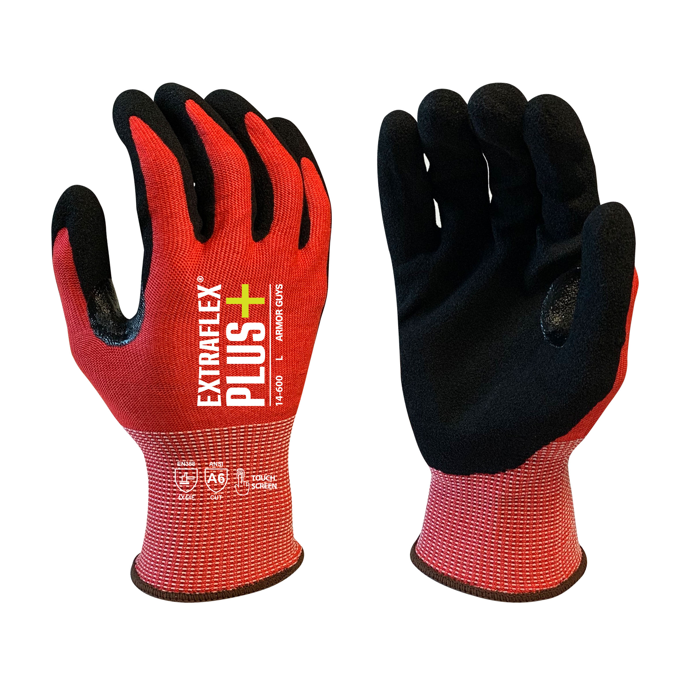 Armor Guys 14-600 15 Gauge, ExtraFlex Plus Red Engineered Liner With Black HCT Micro Foam Nitrile Palm Coating, Thumb Croth Reinforcement, Touch Screen, ANSI 6