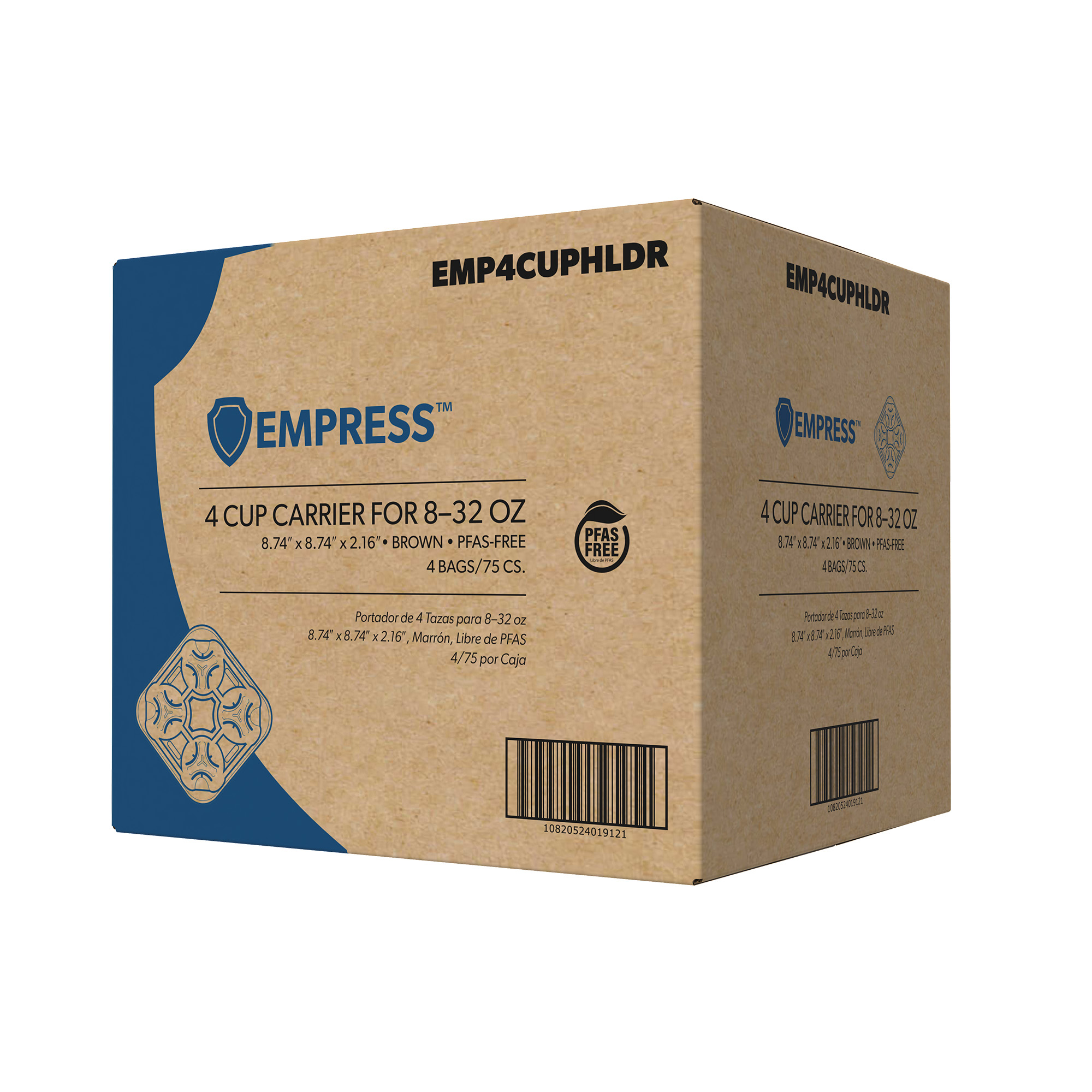 Empress EMP4CUPHLDR Pulp 4 Cup Carrier 8oz- 32oz, 8.74"x8.74"x2.16" Brown 300/Case