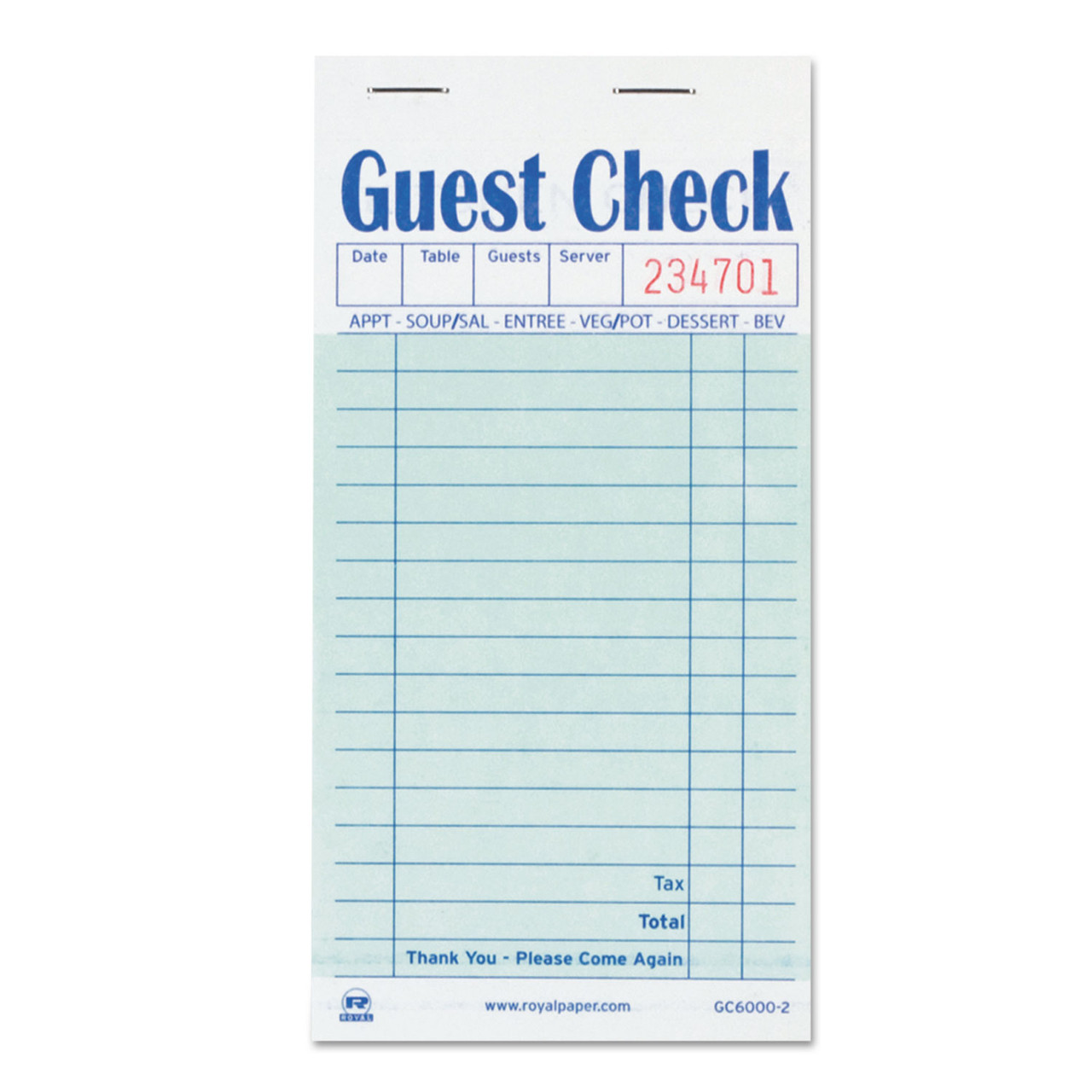 Royal GC6000-2 Guest Check Book, Carbon Duplicate, 3 1/2 x 6 7/10, 50/Book, 50 Books/Case