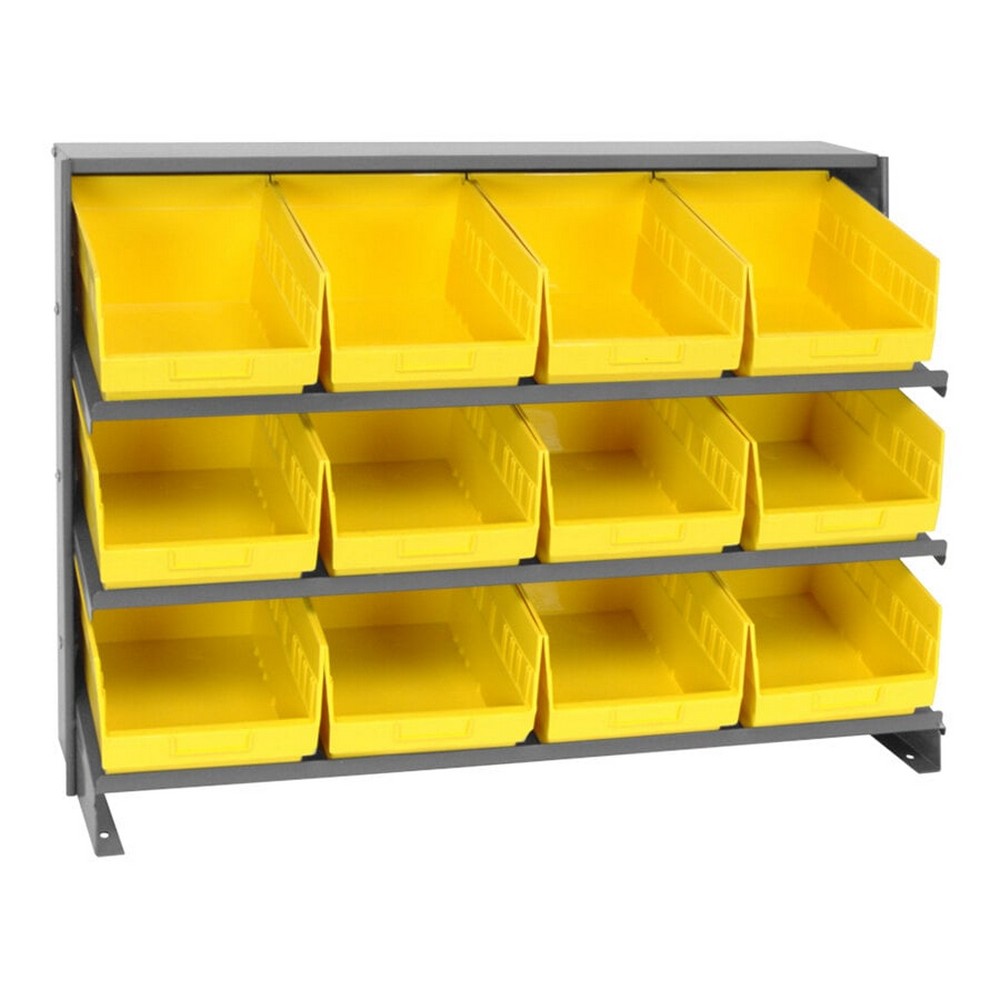Quantum Storage Systems QPRHA-207YL Economy 12 1/2" x 36" x 26 1/2" 3-Shelf Bench-Style Pick Rack with (12) 11 5/8" x 8 3/8" x 6" Yellow Bins