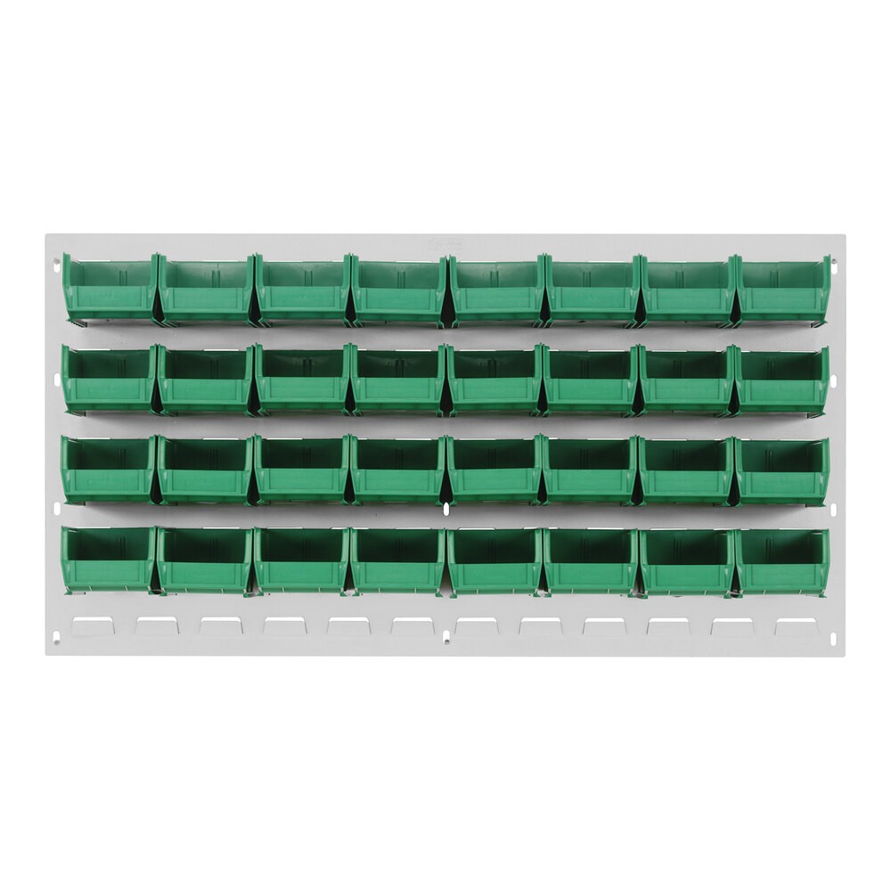 Quantum Storage Systems QLP-3619HC-210-32GN 36" x 19" Oyster White Steel Louvered Panel with (32) 5 3/8" x 4 1/8" x 3" Green Bins