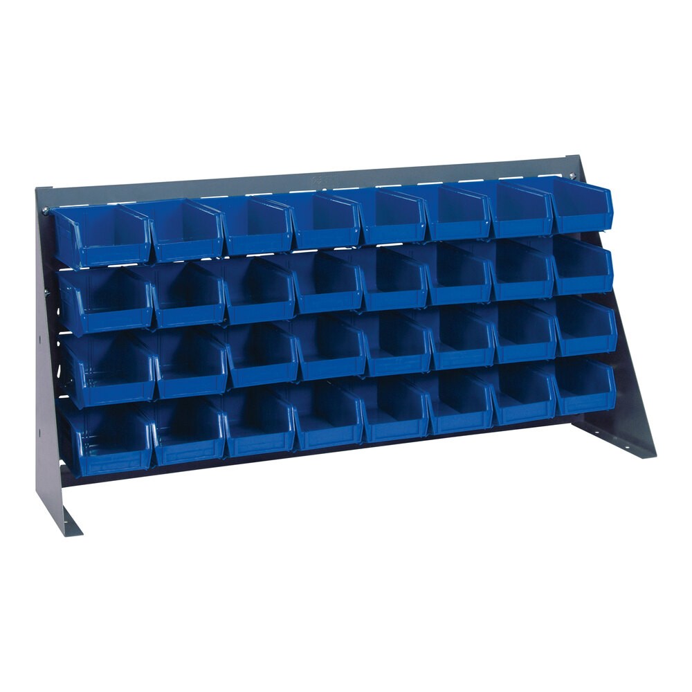 Quantum Storage Systems QBR-3619-220-32BL 36" x 8" x 19" Gray Steel Bench Rack with (32) 7 3/8" x 4 1/8" x 3" Blue Bins