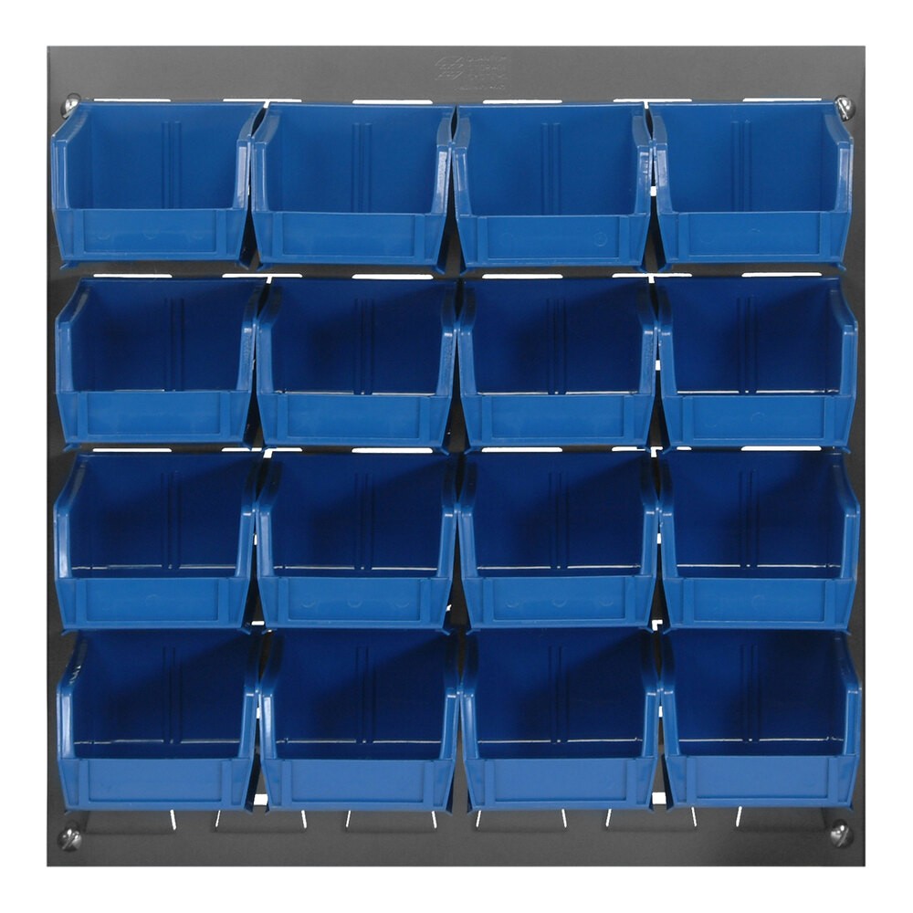Quantum Storage Systems QLP-1819-210-16BL 18" x 19" Gray Steel Louvered Panel with (16) 5 3/8" x 4 1/8" x 3" Blue Bins