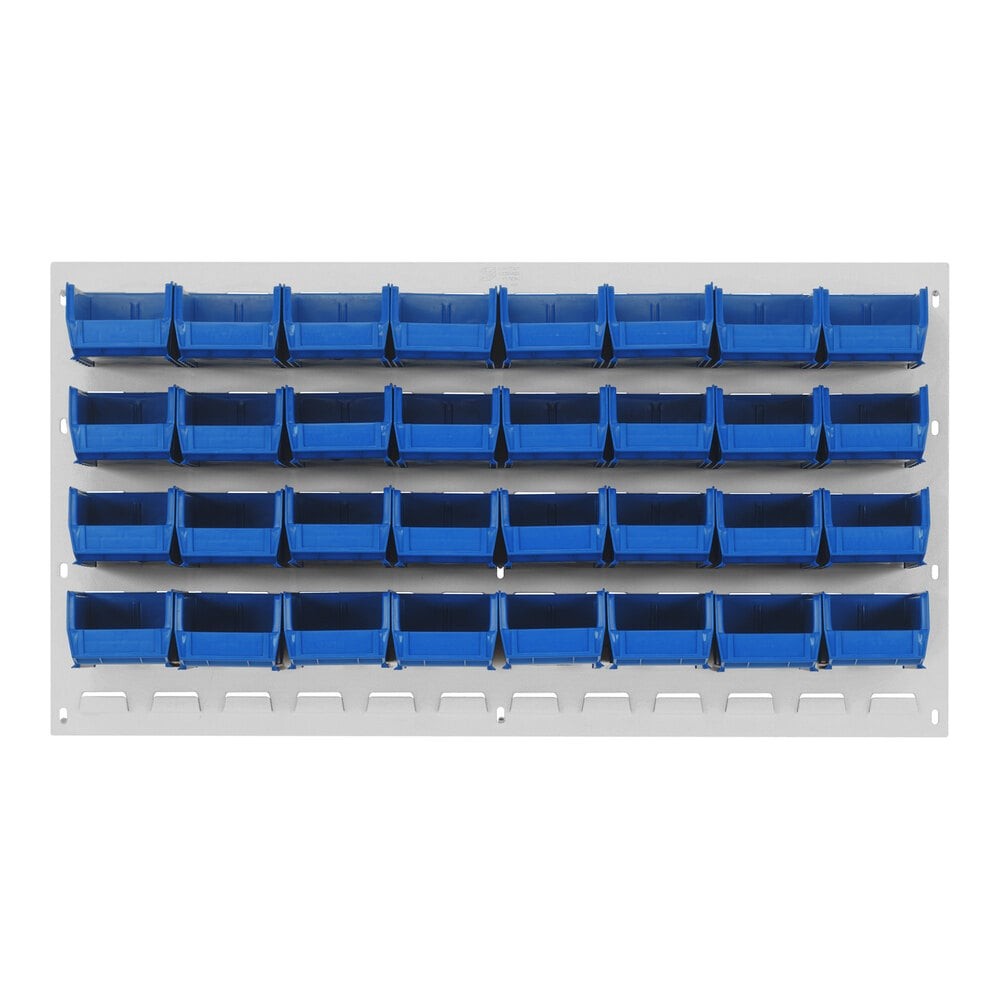 Quantum Storage Systems QLP-3619HC-210-32BL 36" x 19" Oyster White Steel Louvered Panel with (32) 5 3/8" x 4 1/8" x 3" Blue Bins