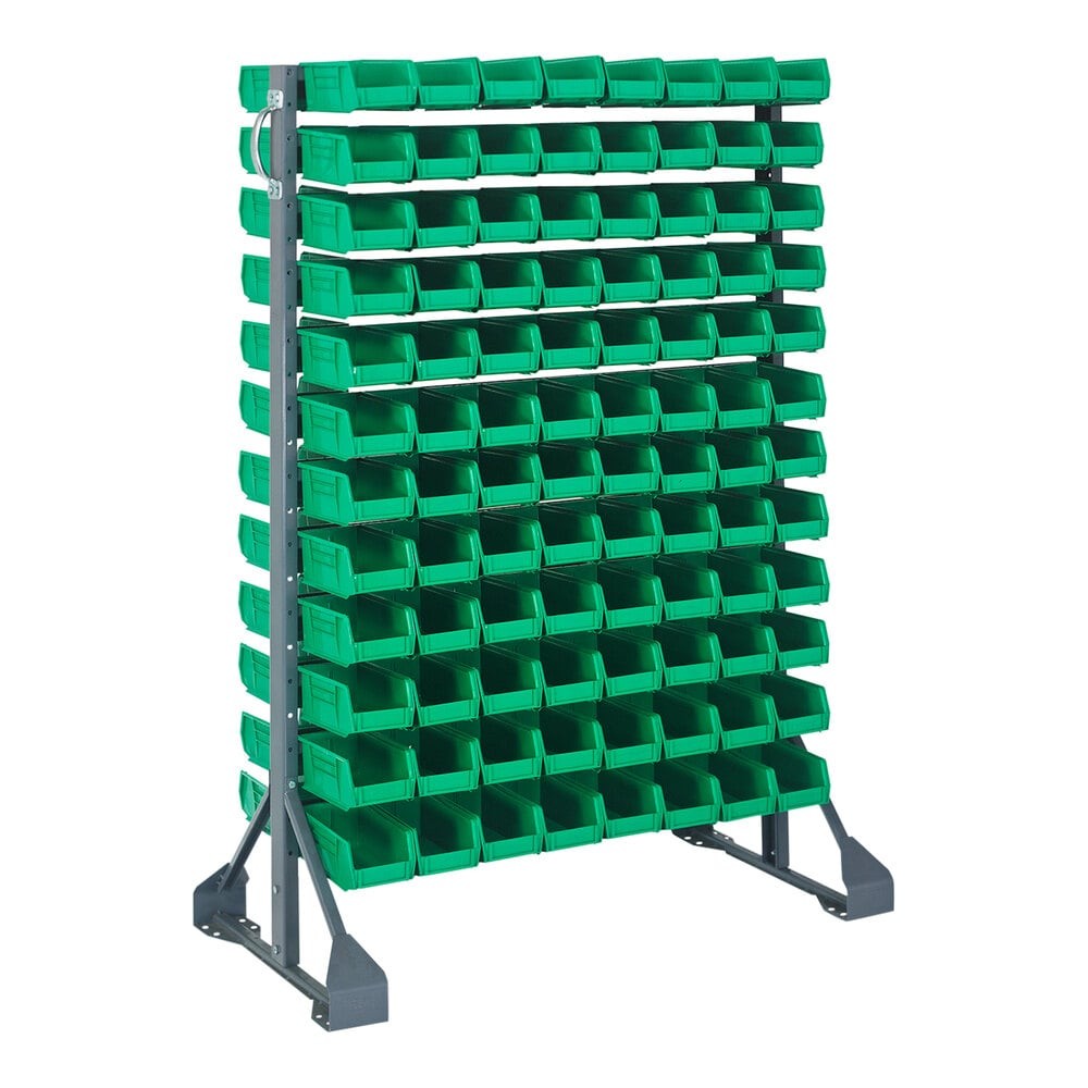 Quantum Storage Systems QRU-12D-220-192GN 36" x 20" x 53" Gray Steel Double-Sided Rail Rack with (192) 7 3/8" x 4 1/8" x 3" Green Bins and (12) Rails