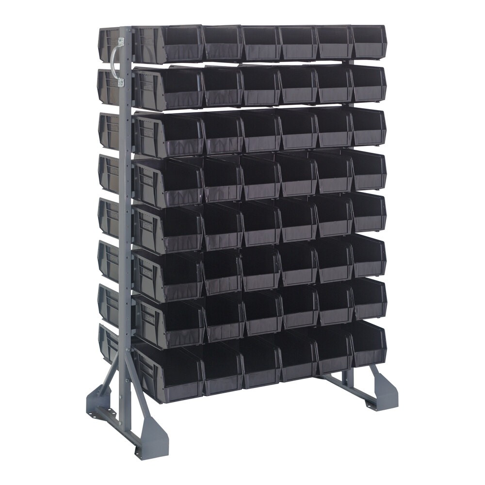 Quantum Storage Systems QRU-16D-230-96BK 36" x 20" x 53" Gray Steel Double-Sided Rail Rack with (96) 10 7/8" x 5 1/2" x 5" Black Bins and (16) Rails