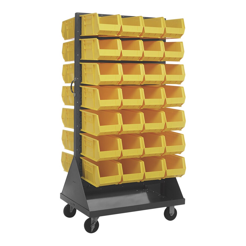 Quantum Storage Systems QMD-36H-240YL 36" x 25" x 72" Gray Steel Mobile Double-Sided Louvered Rack with (56) 14 3/4" x 8 1/4" x 7" Yellow Bins