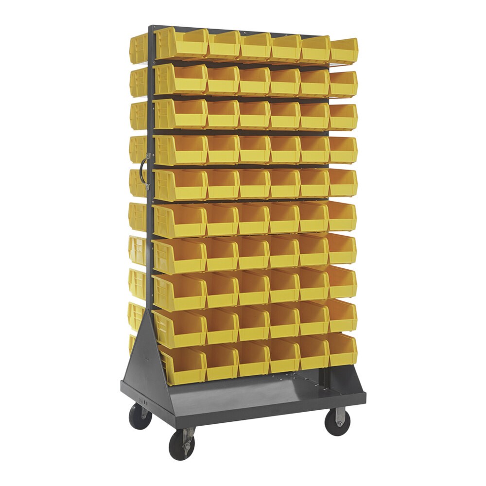 Quantum Storage Systems QMD-36H-230YL 36" x 25" x 72" Gray Steel Mobile Double-Sided Louvered Rack with (120) 10 7/8" x 5 1/2" x 5" Yellow Bins