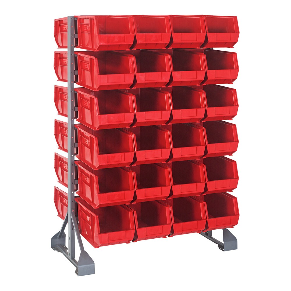 Quantum Storage Systems QRU-12D-240-48RD 36" x 20" x 53" Gray Steel Double-Sided Rail Rack with (48) 14 3/4" x 8 1/4" x 7" Red Bins and (12) Rails