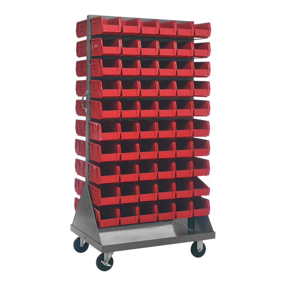 Quantum Storage Systems QMD-36H-230RD 36" x 25" x 72" Gray Steel Mobile Double-Sided Louvered Rack with (120) 10 7/8" x 5 1/2" x 5" Red Bins