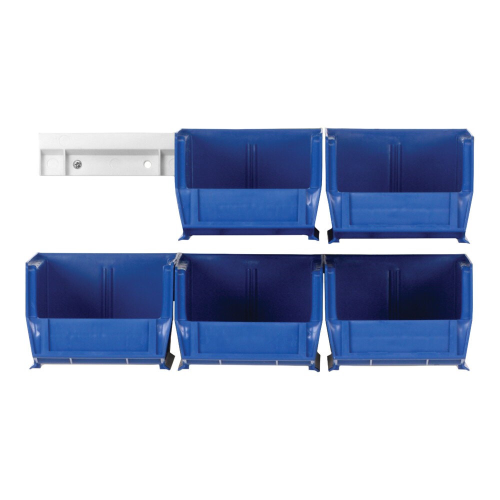 Quantum Storage Systems HNS220BL Hang-N-Stack 12" White Plastic Wall-Mount Storage Rails with (6) 7 3/8" x 4 1/8" x 3" Blue Bins