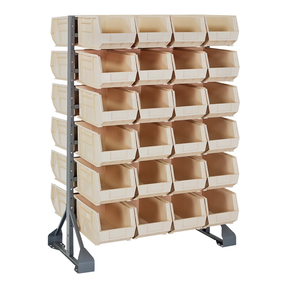 Quantum Storage Systems QRU-12D-240-48IV 36" x 20" x 53" Gray Steel Double-Sided Rail Rack with (48) 14 3/4" x 8 1/4" x 7" Ivory Bins and (12) Rails