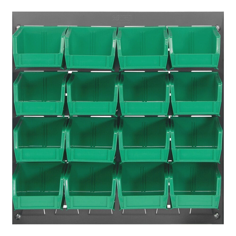 Quantum Storage Systems QLP-1819-220-16GN 18" x 19" Gray Steel Louvered Panel with (16) 7 3/8" x 4 1/8" x 3" Green Bins
