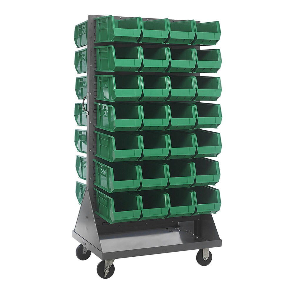 Quantum Storage Systems QMD-36H-240GN 36" x 25" x 72" Gray Steel Mobile Double-Sided Louvered Rack with (56) 14 3/4" x 8 1/4" x 7" Green Bins