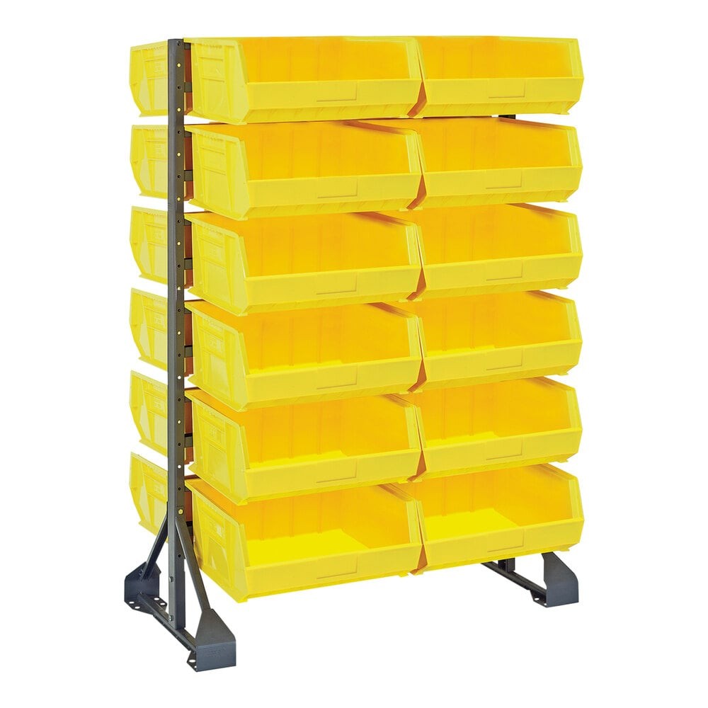 Quantum Storage Systems QRU-12D-250-24YL 36" x 20" x 53" Gray Steel Double-Sided Rail Rack with (24) 14 3/4" x 16 1/2" x 7" Yellow Bins and (12) Rails
