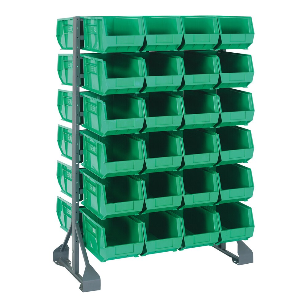 Quantum Storage Systems QRU-12D-240-48GN 36" x 20" x 53" Gray Steel Double-Sided Rail Rack with (48) 14 3/4" x 8 1/4" x 7" Green Bins and (12) Rails
