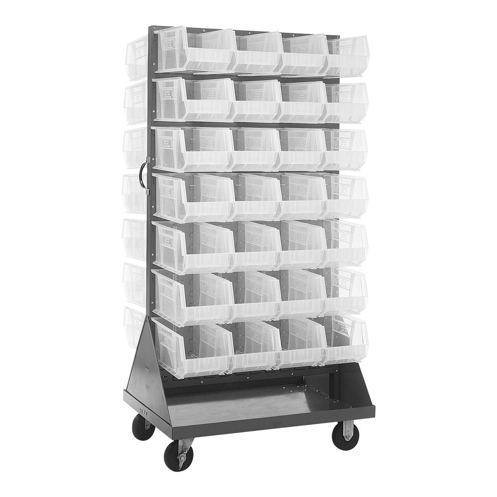 Quantum Storage Systems QMD-36H-240CL 36" x 25" x 72" Mobile Double-Sided Louvered Rack with (56) 14 3/4" x 8 1/4" x 7" Clear Bins and (4) Casters