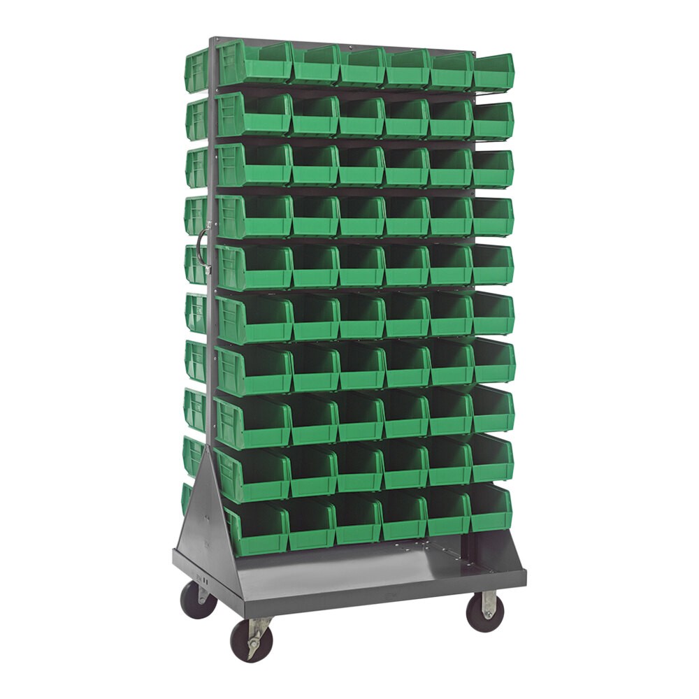 Quantum Storage Systems QMD-36H-230GN 36" x 25" x 72" Gray Steel Mobile Double-Sided Louvered Rack with (120) 10 7/8" x 5 1/2" x 5" Green Bins