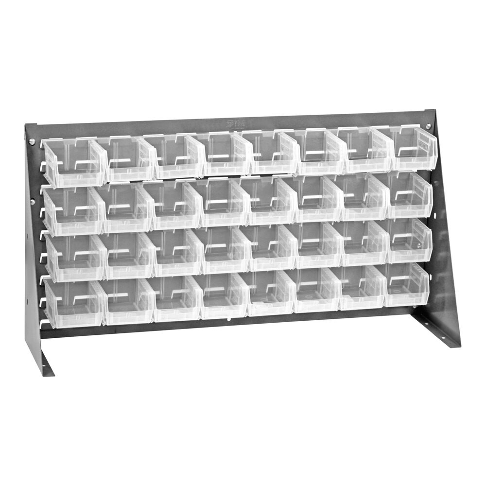Quantum Storage Systems QBR-3619-210-32CL 36" x 19" Gray Steel Bench Rack with (32) 5 3/8" x 4 1/8" x 3" Clear Bins