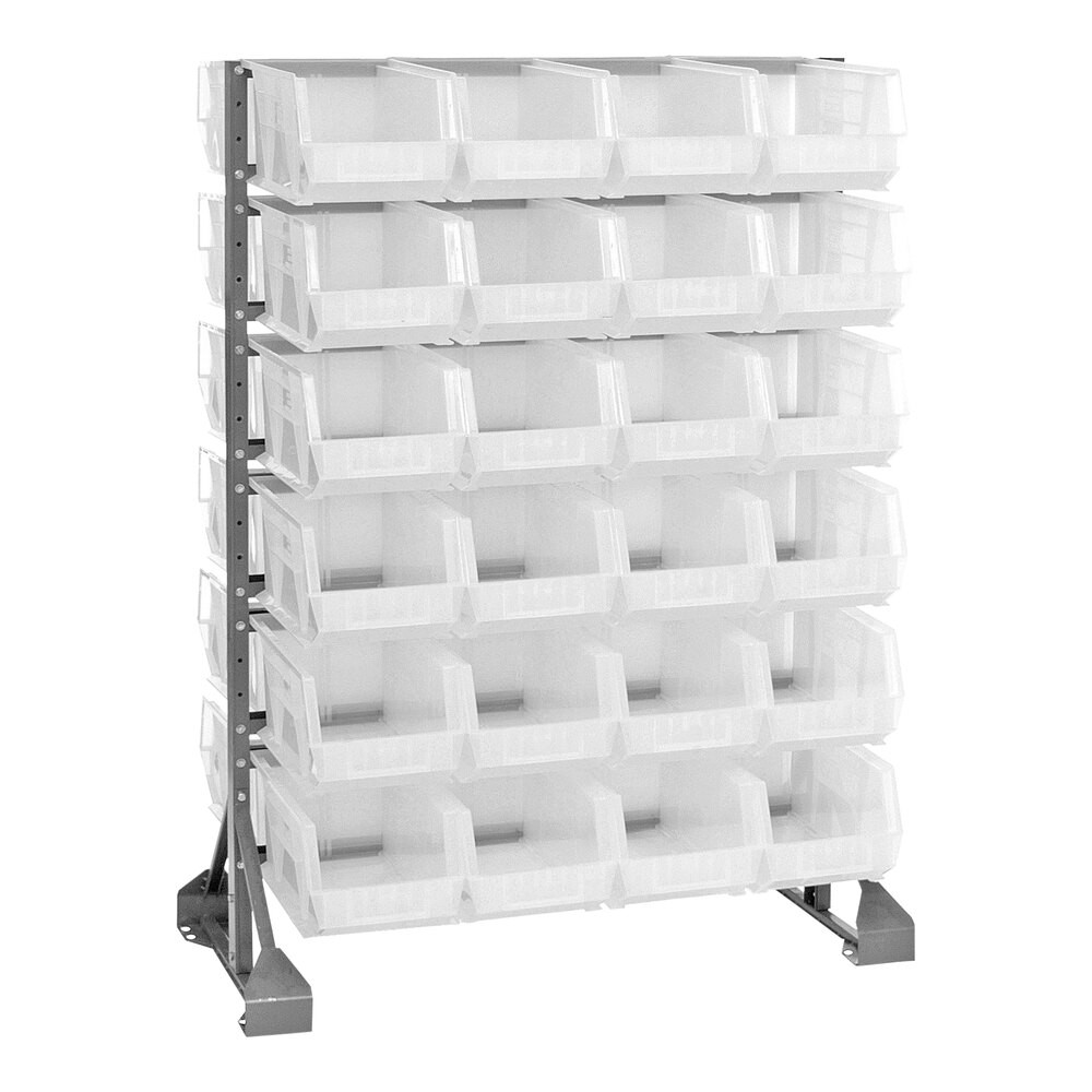 Quantum Storage Systems QRU-12D-240-48CL 36" x 20" x 53" Gray Steel Double-Sided Rail Rack with (48) 14 3/4" x 8 1/4" x 7" Clear Bins and (12) Rails