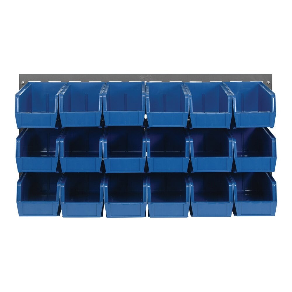 Quantum Storage Systems QLP-3619-230-18BL 36" x 19" Gray Steel Louvered Panel with (18) 10 7/8" x 5 1/2" x 5" Blue Bins