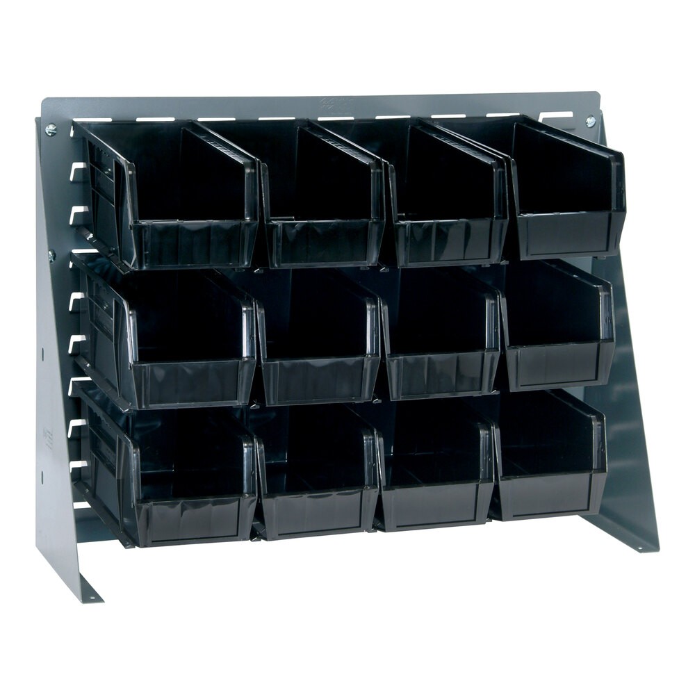 Quantum Storage Systems QBR-2721-230-12BK 27 3/4" x 8" x 21" Gray Steel Bench Rack with (12) 10 7/8" x 5 1/2" x 5" Black Bins