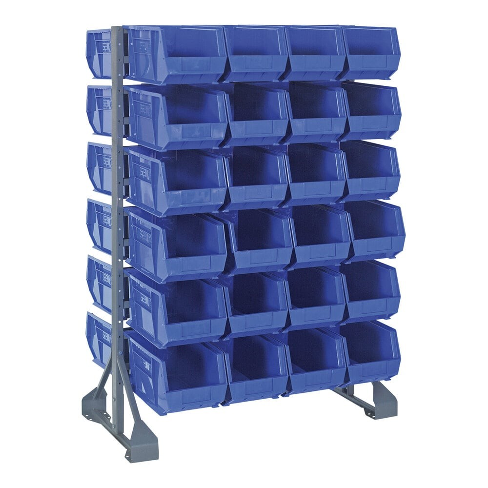 Quantum Storage Systems QRU-12D-240-48BL 36" x 20" x 53" Gray Steel Double-Sided Rail Rack with (48) 14 3/4" x 8 1/4" x 7" Blue Bins and (12) Rails