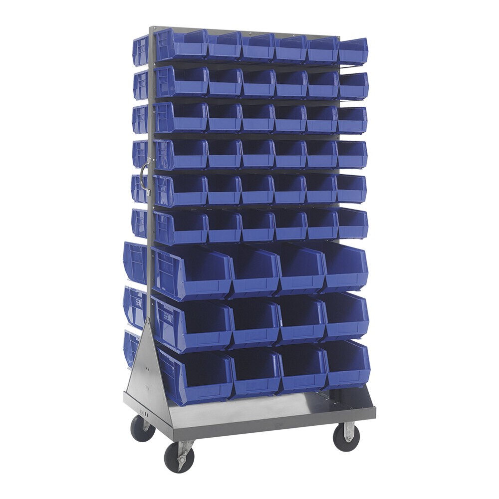 Quantum Storage Systems QMD-36H-230240BL 36" x 25" x 72" Gray Steel Mobile Double-Sided Louvered Rack with (72) 10 7/8" x 5 1/2" x 5" and (24) 14 3/4" x 8 1/4" x 7" Blue Bins