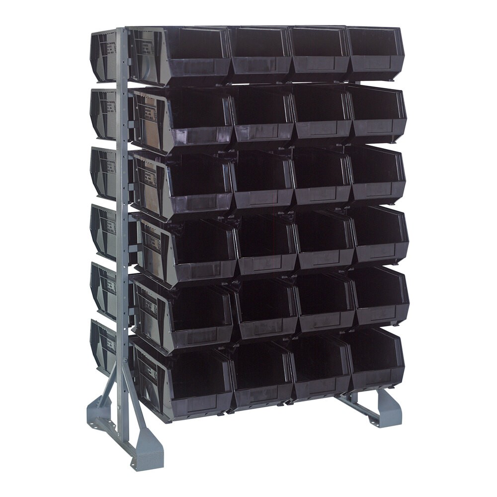 Quantum Storage Systems QRU-12D-240-48BK 36" x 20" x 53" Gray Steel Double-Sided Rail Rack with (48) 14 3/4" x 8 1/4" x 7" Black Bins and (12) Rails