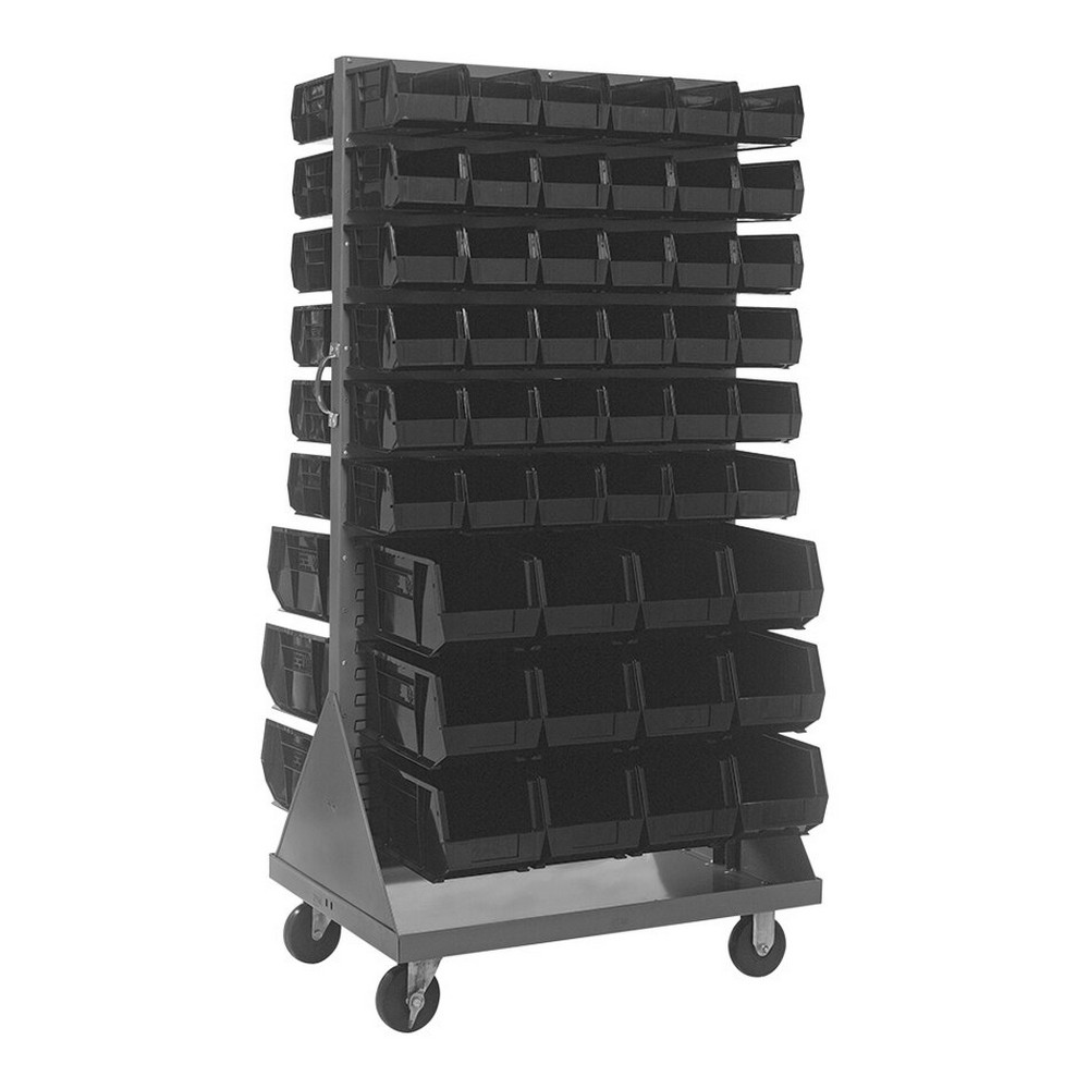 Quantum Storage Systems QMD-36H-230240BK 36" x 25" x 72" Gray Steel Mobile Double-Sided Louvered Rack with (72) 10 7/8" x 5 1/2" x 5" and (24) 14 3/4" x 8 1/4" x 7" Black Bins