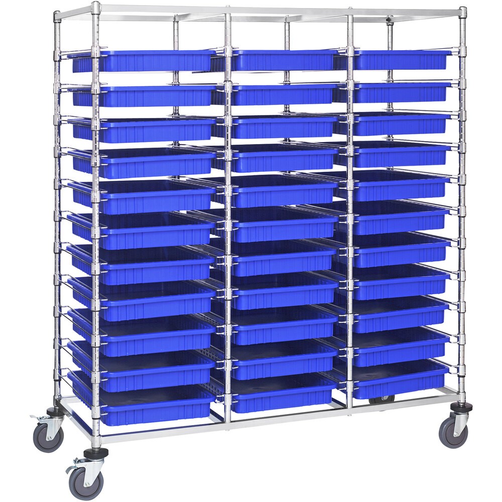 Quantum Storage Systems BC216069M2TBL 24" x 60" x 69" Triple Mobile Bin Cart with 33 Blue Divider Bins