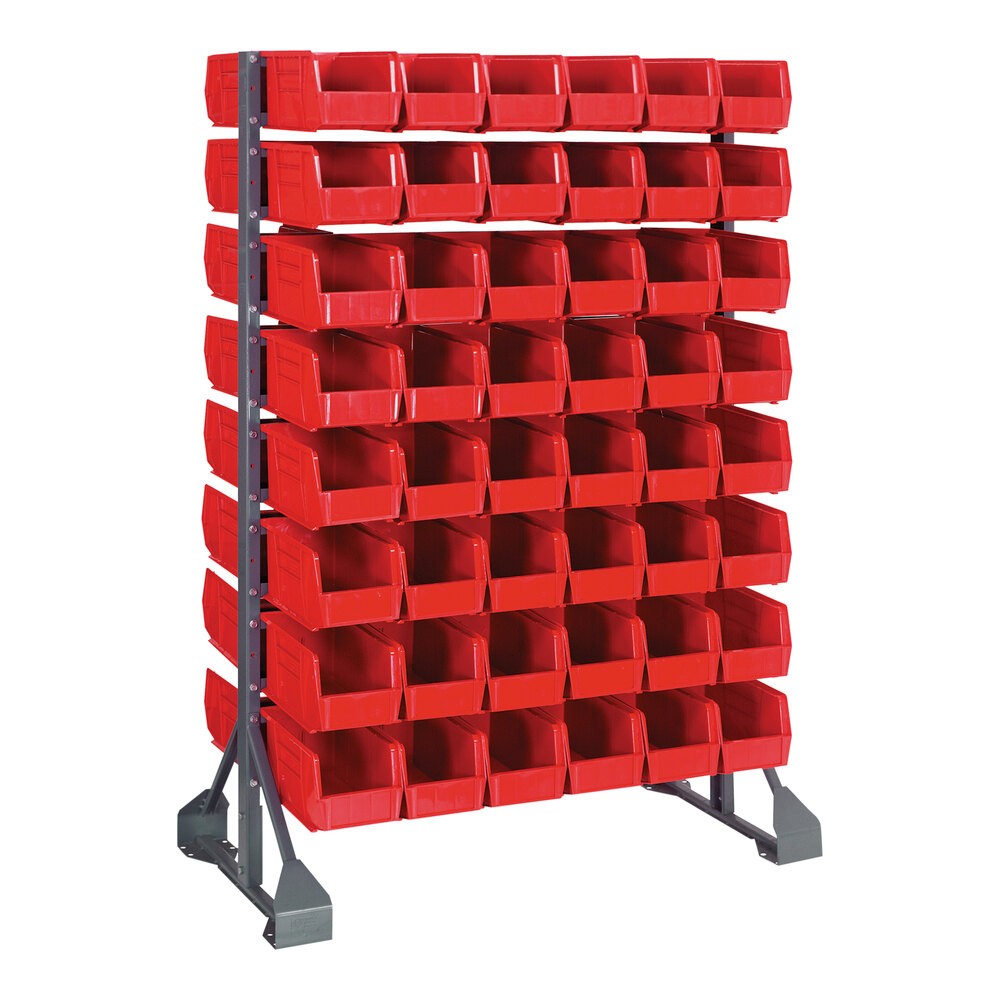 Quantum Storage Systems QRU-16D-230-96RD 36" x 20" x 53" Gray Steel Double-Sided Rail Rack with (96) 10 7/8" x 5 1/2" x 5" Red Bins and (16) Rails