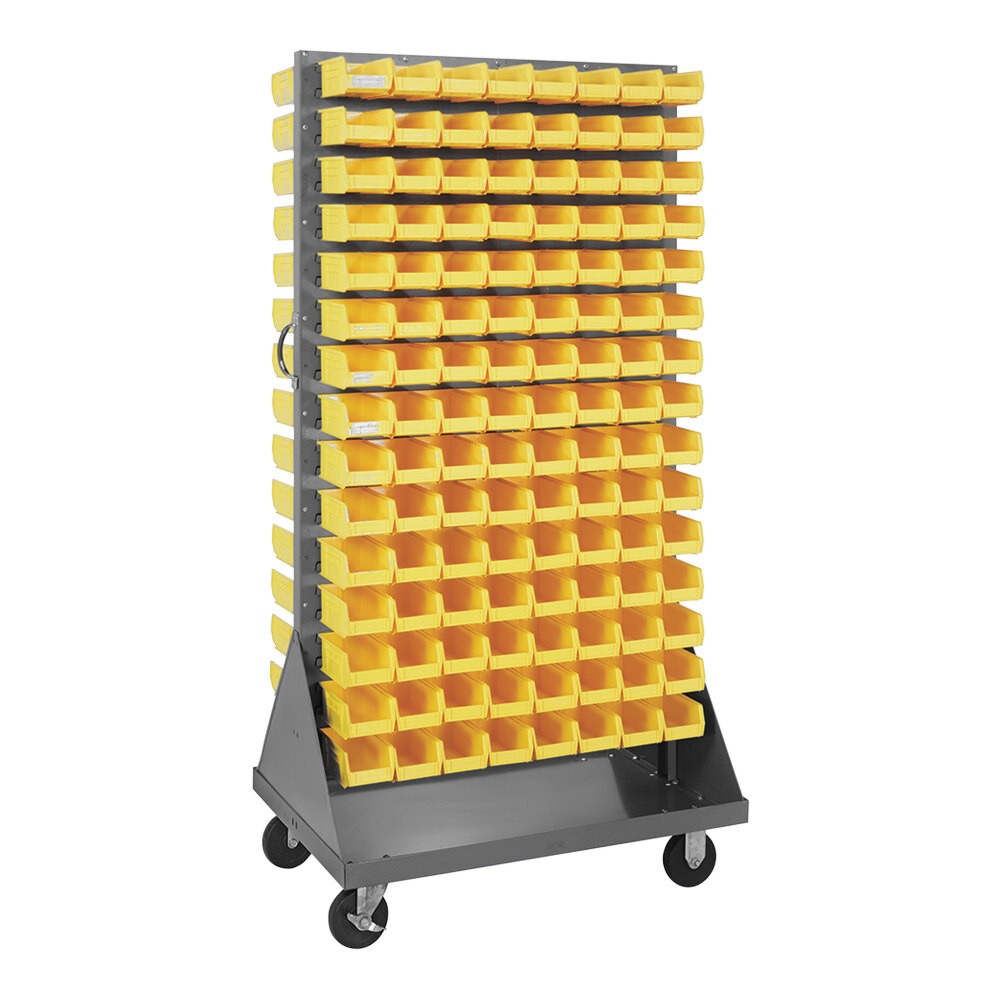 Quantum Storage Systems QMD-36H-220YL 36" x 25" x 72" Gray Steel Mobile Double-Sided Louvered Rack with (240) 7 3/8" x 4 1/8" x 3" Yellow Bins