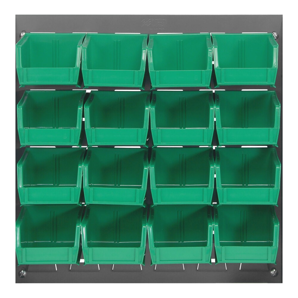 Quantum Storage Systems QLP-1819-210-16GN 18" x 19" Gray Steel Louvered Panel with (16) 5 3/8" x 4 1/8" x 3" Green Bins
