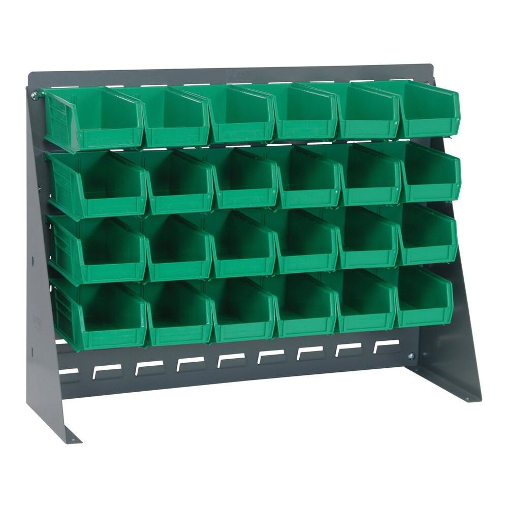 Quantum Storage Systems QBR-2721-220-24GN 27 3/4" x 8" x 21" Gray Steel Bench Rack with (24) 7 3/8" x 4 1/8" x 3" Green Bins