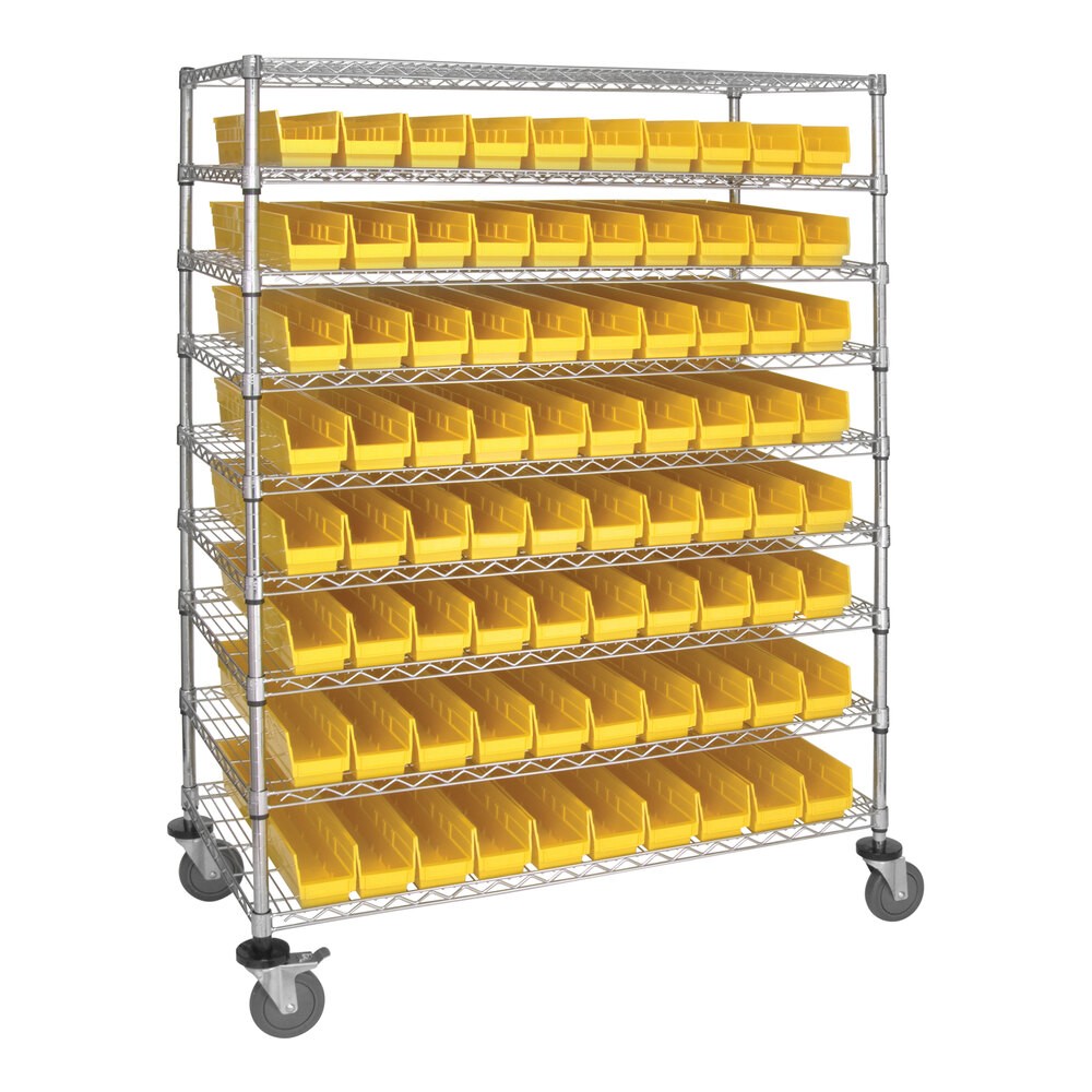 Quantum Storage Systems WRC9-63-2448-105YL 48" x 24" x 69" Carbon Steel Mobile Medical Cart with 9 Wire Shelves and (80) 23 5/8" x 4 1/8" x 4" Yellow Bins