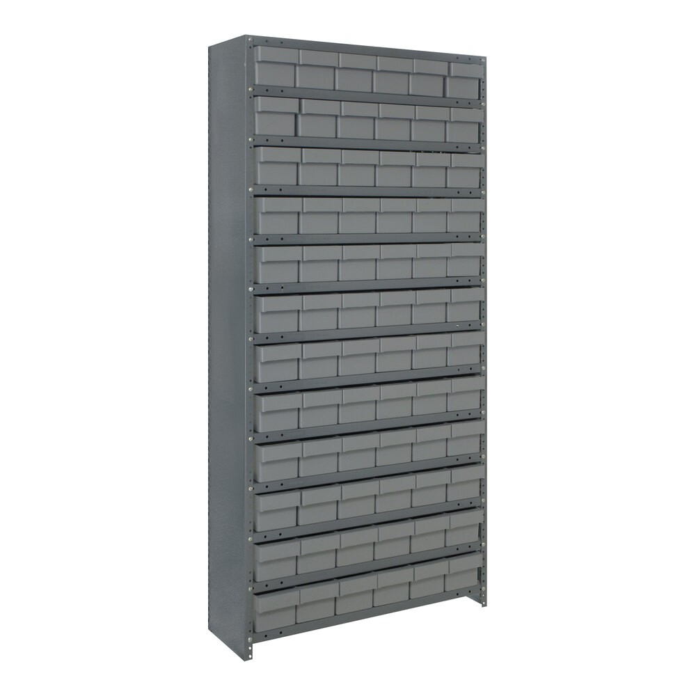 Quantum Storage Systems CL1275-601GY Super Tuff 36" x 12" x 75" Steel Closed 13-Shelf Euro Drawer Shelving System with (72) 11 5/8" x 5 9/16" x 4 5/8" Gray Bins