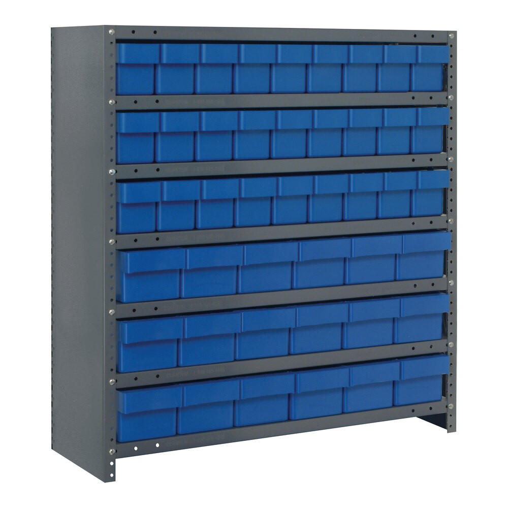 Quantum Storage Systems CL1839-624BL Super Tuff 36" x 18" x 39" Steel Closed 7-Shelf Euro Drawer Shelving System with (27) 17 5/8" x 3 3/4" x 4 5/8" and (18) 17 7/8" x 5 9/16" x 4 5/8" Blue Bins