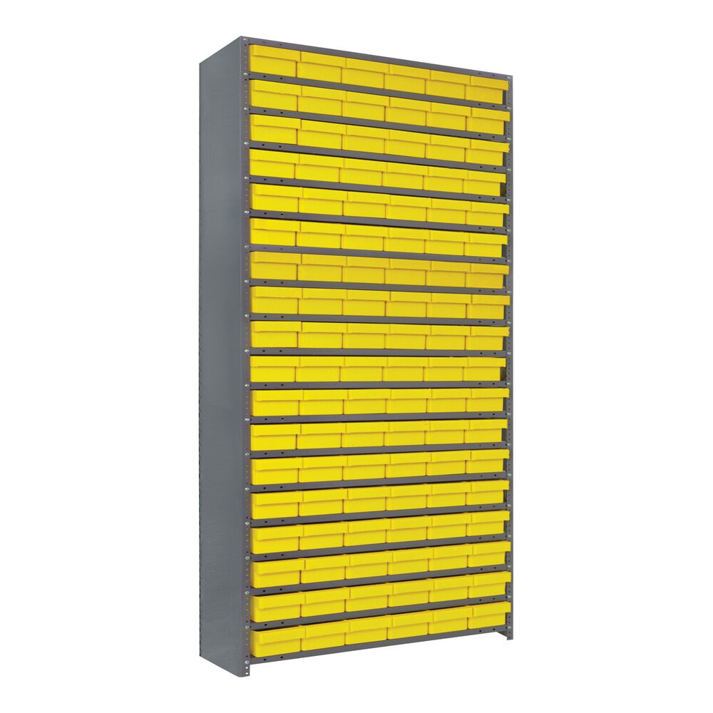 Quantum Storage Systems CL1275-401YL Super Tuff 36" x 12" x 75" Steel Closed 19-Shelf Euro Drawer Shelving System with (108) 11 5/8" x 5 9/16" x 2 1/8" Yellow Bins