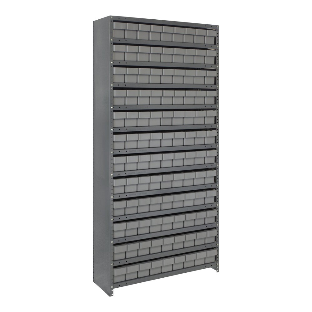Quantum Storage Systems CL1275-501GY Super Tuff 36" x 12" x 75" Steel Closed 13-Shelf Euro Drawer Shelving System with (108) 11 5/8" x 3 3/4" x 4 5/8" Gray Bins