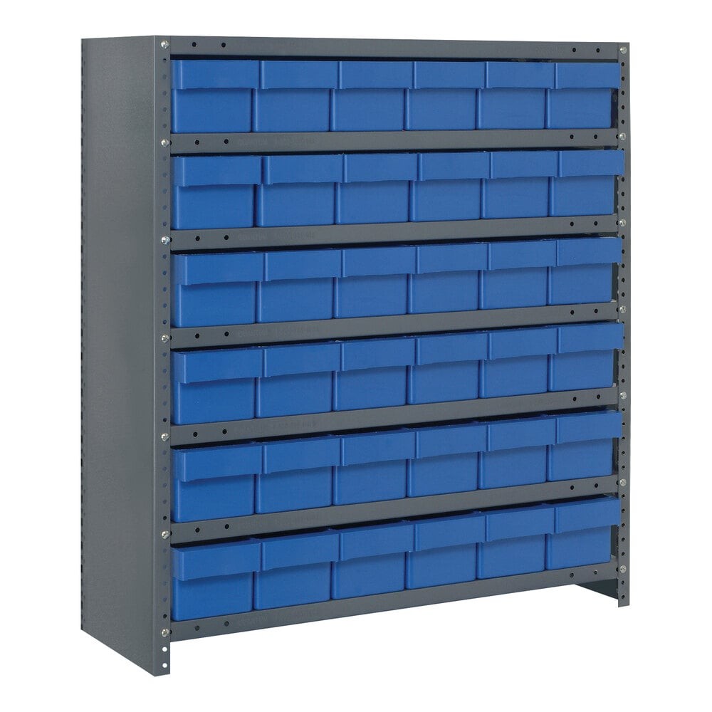 Quantum Storage Systems CL1839-602BL Super Tuff 36" x 18" x 39" Steel Closed 7-Shelf Euro Drawer Shelving System with (36) 17 7/8" x 5 9/16" x 4 5/8" Blue Bins