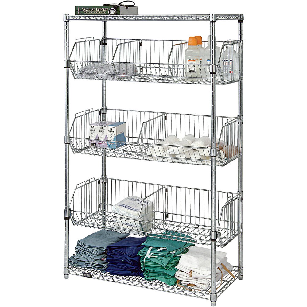 Quantum Storage Systems 2436BC6C 24" x 36" x 63" Stationary 5-Tier Wire Basket Unit with 3 Basket Shelves