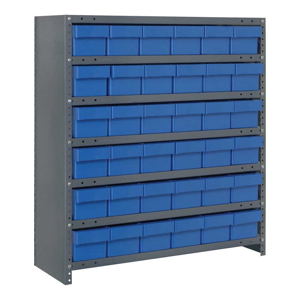 Quantum Storage Systems CL2439-603BL Super Tuff 36" x 24" x 39" Steel Closed 7-Shelf Euro Drawer Shelving System with (36) 23 7/8" x 5 9/16" x 4 5/8" Blue Bins