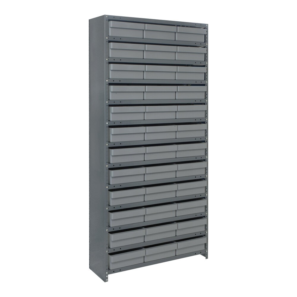 Quantum Storage Systems CL1275-801GY Super Tuff 36" x 12" x 75" Steel Closed 13-Shelf Euro Drawer Shelving System with (36) 11 5/8" x 11 1/8" x 4 5/8" Gray Bins
