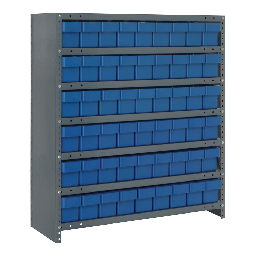 Quantum Storage Systems CL1839-604BL Super Tuff 36" x 18" x 39" Steel Closed 7-Shelf Euro Drawer Shelving System with (54) 17 7/8" x 3 3/4" x 4 5/8" Blue Bins