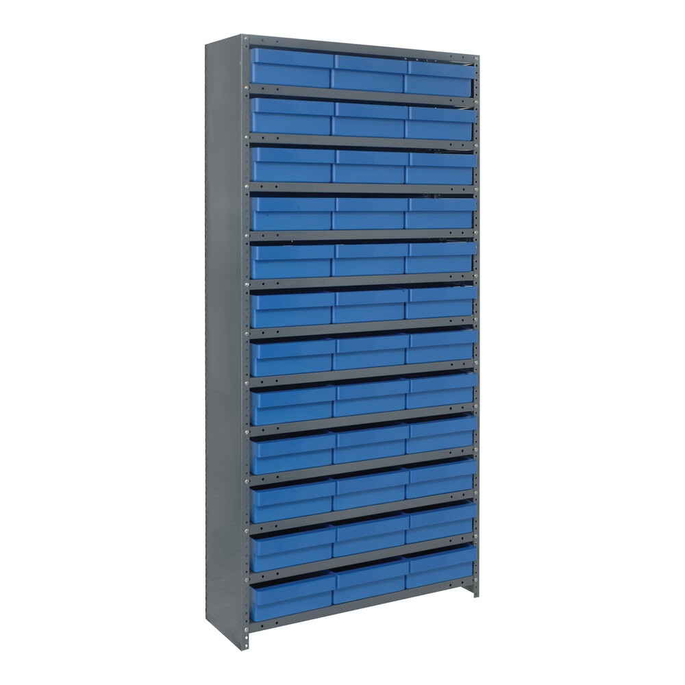 Quantum Storage Systems CL1275-801BL Super Tuff 36" x 12" x 75" Steel Closed 13-Shelf Euro Drawer Shelving System with (36) 11 5/8" x 11 1/8" x 4 5/8" Blue Bins